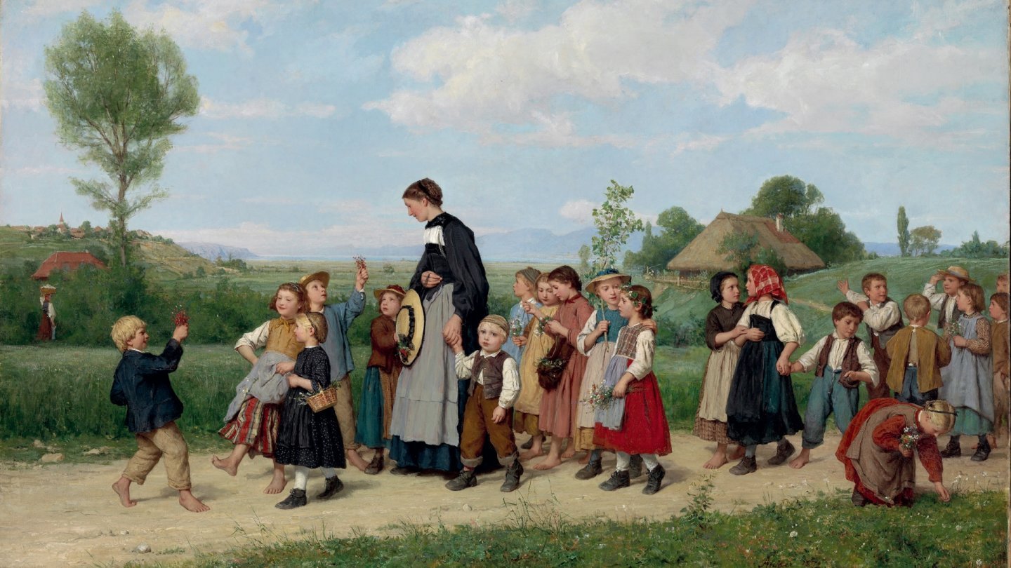 "L'Ecole en promenade", Albert Anker, 1872, huile sur toile, 90 x 150, 
Collection Christoph Blocher.